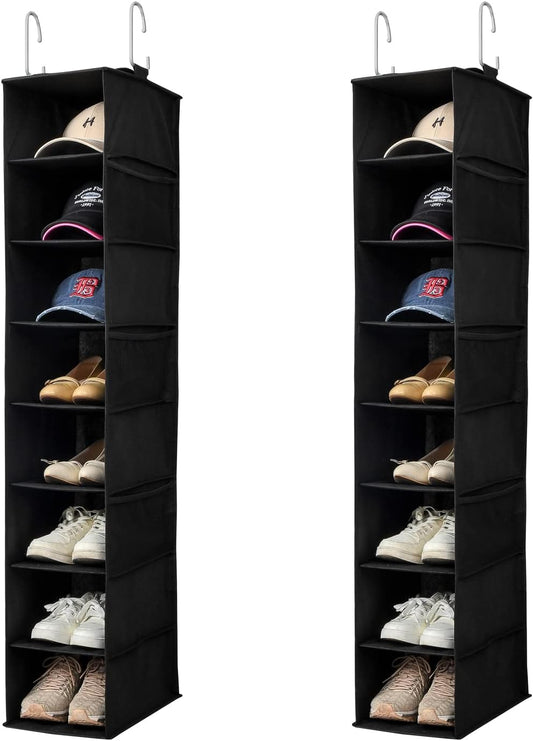Hanging Shoe Organizer for Closet with Side Mesh Pockets，Hat Racks for Baseball Caps，Shoe and Hat Holder & Storage，8-Shelf，Black，2 Pack
