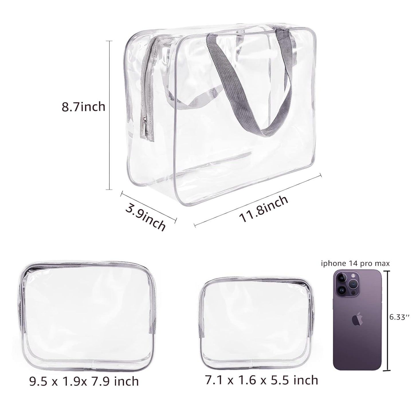 4Pcs Crystal Clear PVC Travel Toiletry Bag Kit for Women Men, Waterproof Vinyl Packing Organizer Storage Bags with Zipper Handle Straps, Cosmetic Pouch Carry on Airport Airline Compliant Bag Handbag