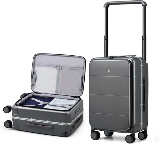 Hanke Top Opening Carry On Luggage, 20 Inch Zipperless Aluminum Frame Wide Handle Luggage, All-PC Hard Shell Trunk Suitcase with Spinner Wheels, TSA Airline Approved (Graphite Grey, 40L)
