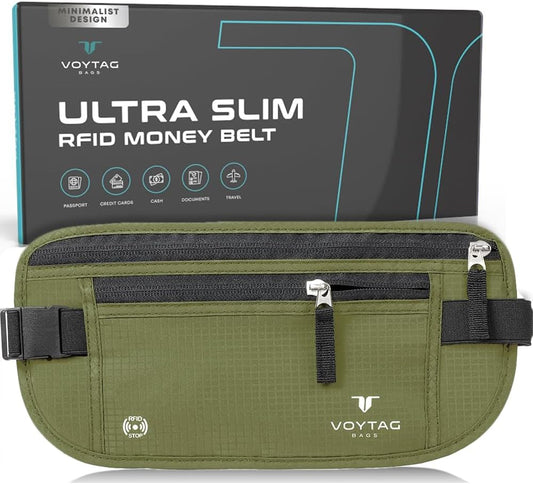Travel Money Belt & Passport Holder - RFID Blocking Slim Travel Wallet & Fanny Pack for Men and Women - Essential Travel Pouch for Cash, Credit Cards, and Documents (Green Color)