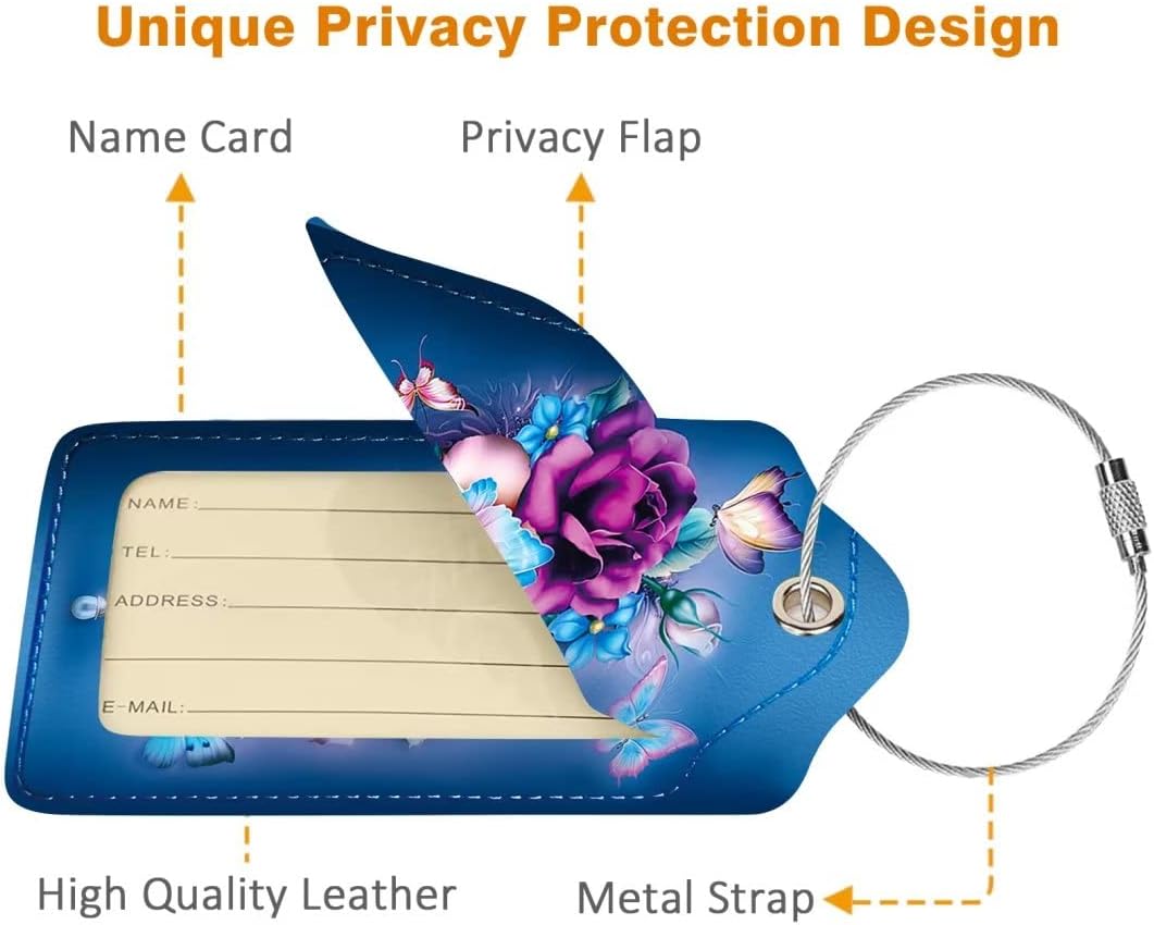 2 Pack Luggage Tag for Suitcase, Cute Unique Leather Bag Tags Identifiers Privacy Cover ID Label with Durable Steel Loop for Women Men Kids Girls Travel, Butterfly