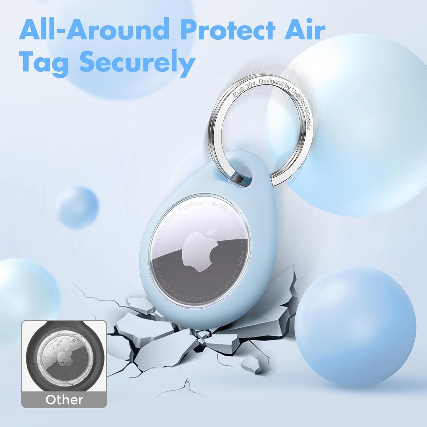 UNBREAKcable Holder for Apple AirTag - 4 Pack [Fit Tightly Design] [Easy to Install] [Hold Air Tag Securely] Waterproof TPU Shell Protective Case with All Metal Keychain Key Ring Clip