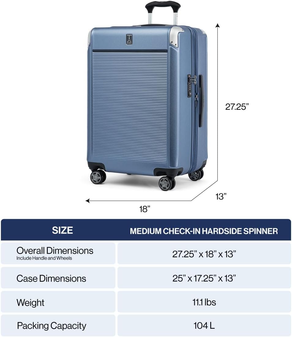 Travelpro Platinum Elite Hardside Expandable Checked Luggage, 8 Wheel Spinner, TSA Lock, Hard Shell Polycarbonate Suitcase, Dark Sky Blue, Checked Medium 25-Inch