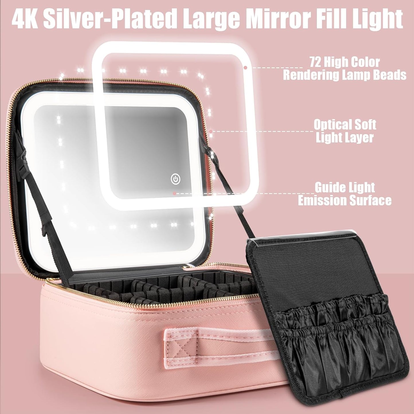 Makeup Travel Train Case with Mirror LED Light 3 Adjustable Brightness Large Cosmetic Bag Portable Storage Adjustable Partition Waterproof Makeup Brushes Make up Jewelry Gift for Women