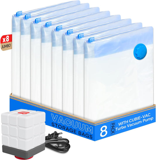 Vacuum Storage Bags for Clothing, 8 Jumbo Vacuum Seal Bags Space Saver for Clothes, Comforters, Blankets, Bedding, Vacuum Sealer Bags with Electric Pump (2025 Upgrade)