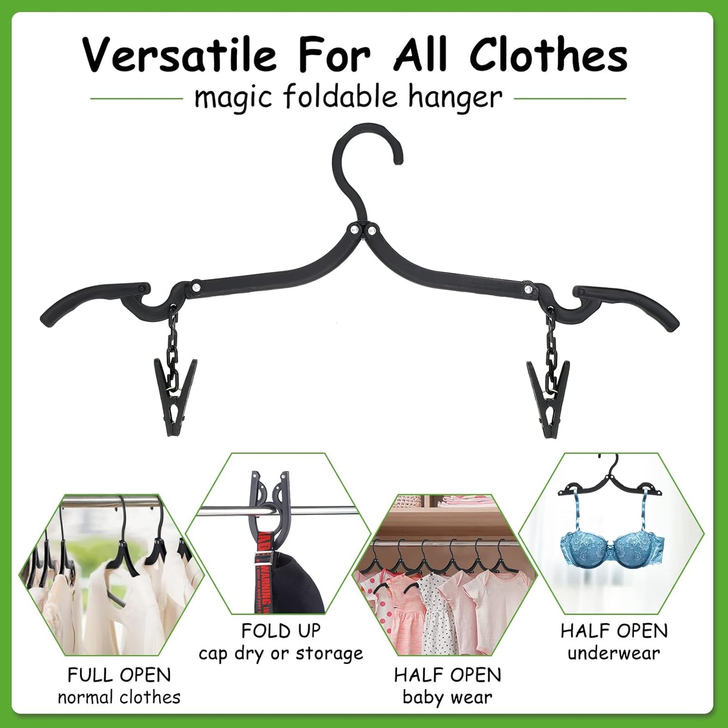 Folding Travel Hangers Foldable with Clips Folding Clothes Hangers Portable Foldable Hangers Collapsible Coat Hanger Travel Drying Rack for Clothes (Black, 12 Pieces)