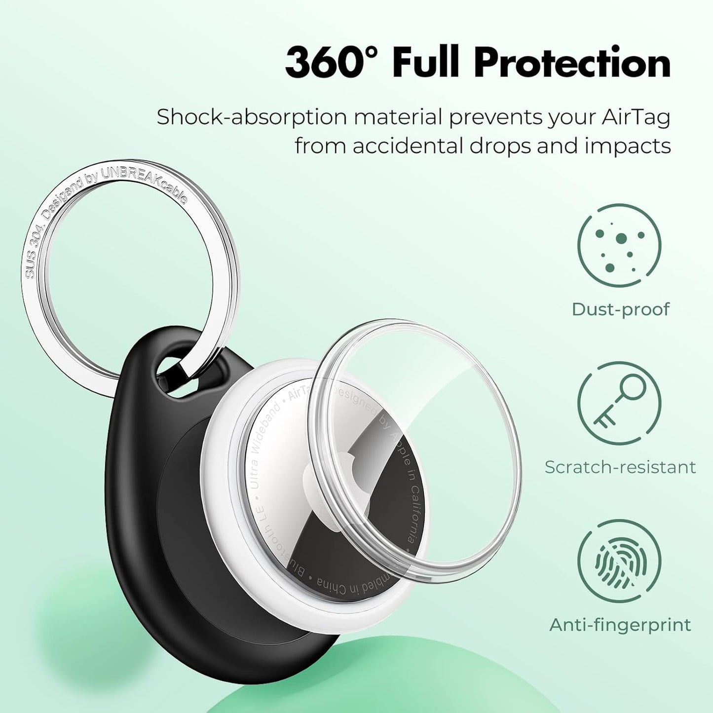 UNBREAKcable 360° Protective Case for AirTag, [2-Pack] AirTags Keyring Holder, Scratch-Resistant, Lock Design, Keychain for AirTag, TPU Full Cover Case for Key, Bag, Luggage, Pet Collar (Black&Green)