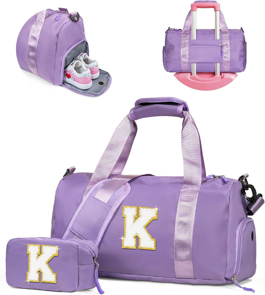 Girls Cheer Up Gifts-Girl Gym Bag with Shoe Compartment, Kid Personalized Weekender Overnight Bags, Initial Travel Tote with Makeup Pouch, Graduation Gift for Niece Kids Daughter (Letter K)