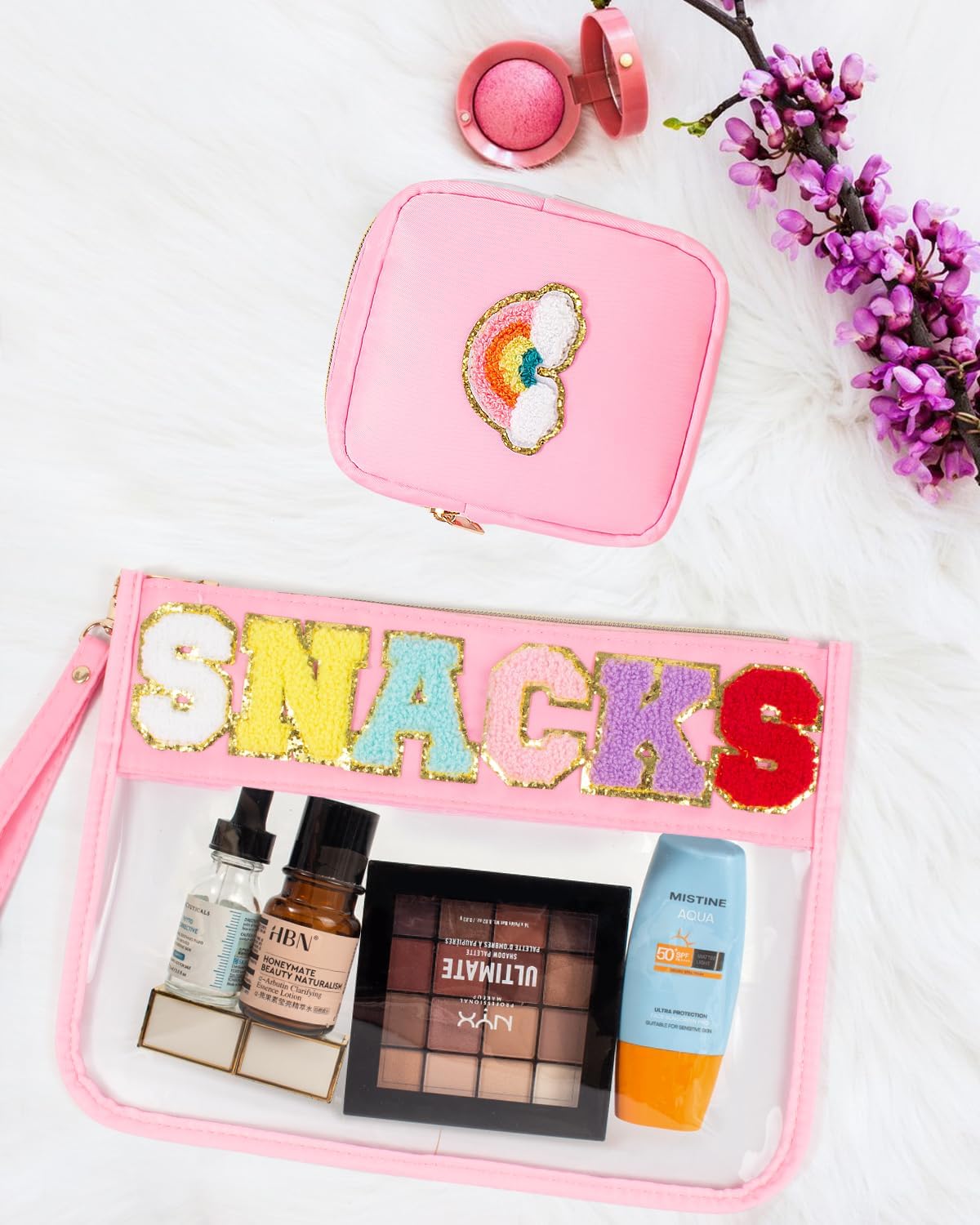 2 Pcs Snack Pouch Chenille Letter Clear Zipper Snack Bag, Nylon Snack Pouch for Travel Clear Makeup Bag Small Cosmetic Bag for Purse Snack Bags for School Waterproof Toiletry Bag