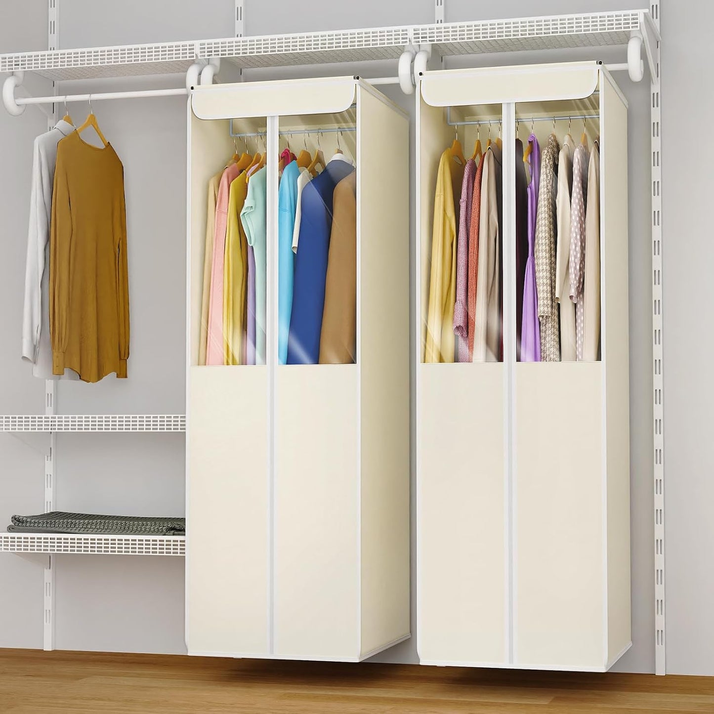 Univivi Garment Bags for Hanging Clothes, 2 Pack Large Clothes Storage Bags Closet Organizer with Clear Window, Premium Hanging Garment Storage Bag for Suits, Coats, Dresses, 54" (Beige)