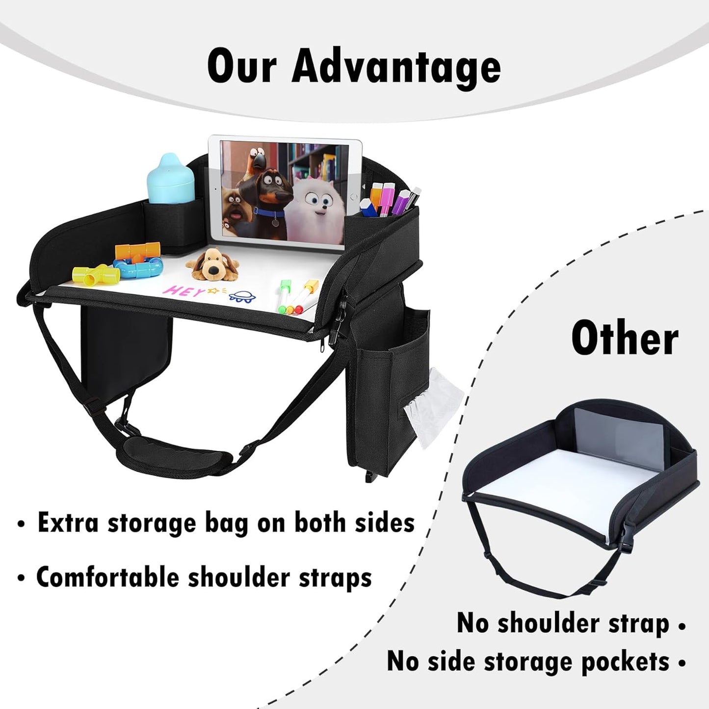 Kids Travel Tray for Toddler Car Seat, Lap Tray for Girl Activities with Dry Erase Board & Cooler Cup Holder, Road Trip Essentials Accessories with No-Drop Large Tablet iPad Holder Stand,2Pc Black