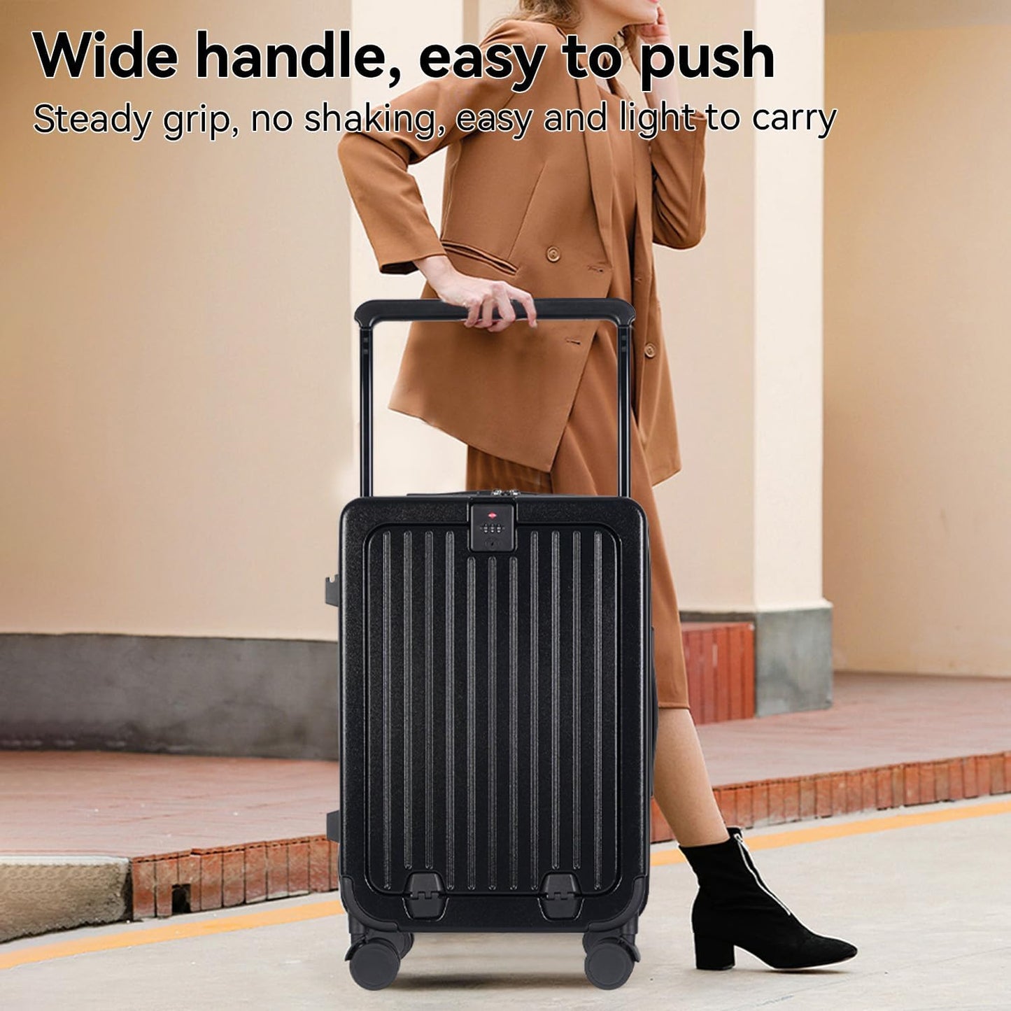 SOKOK Front Pocket Luggage Carry On with Spinner Wheels, Wide Handle Travel Suitcase PC Hardshell Durable Rolling Luggage for Business Trip with Charging Port and Cup Holder, Black