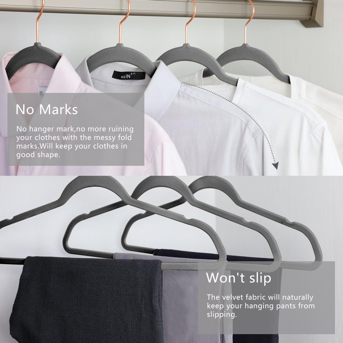 MIZGI Premium Velvet Hangers (30 Pack) Heavy Duty - Non Slip - Velvet Suit Hangers Gray - Copper/Rose Gold Hooks,Space Saving Clothes Hangers (Gray)