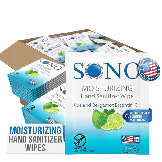 SONO Alcohol-Free Sanitizing Hand Wipes with Bergamot & Aloe Essential Oil - Hospital-Grade Disinfectant - Individually Wrapped Travel Size - 500 Pack - Gentle Cleaning & Germ Protection Anywhere
