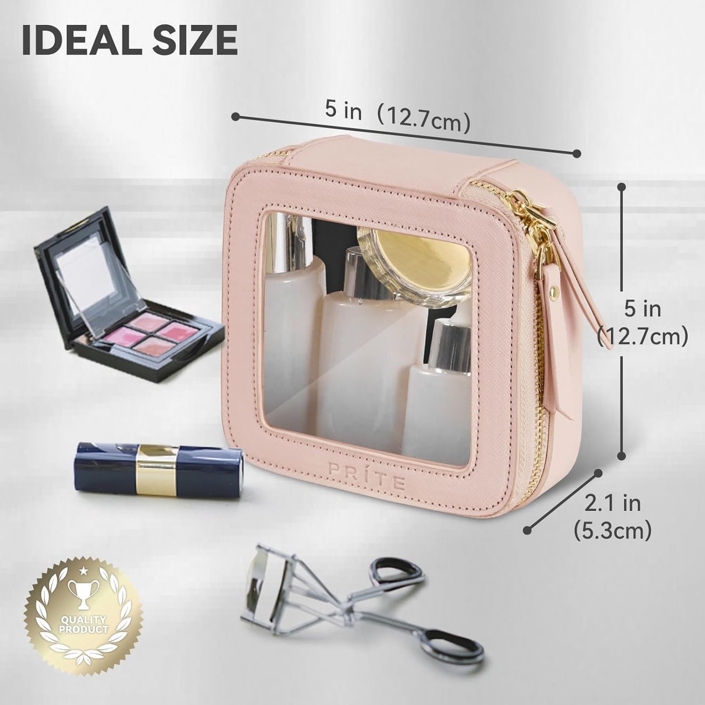Prite Small Makeup Bag for Women Portable Clear Makeup Bag Cute Mini Waterproof Travel Cosmetic Bag with Gold Zipper for Car Essentials(Pearlescent Pink)