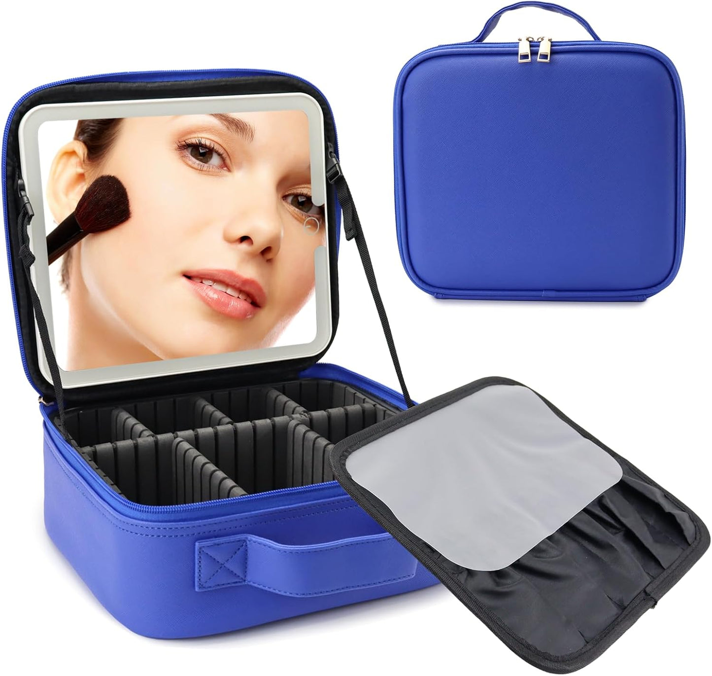 Travel Makeup Bag with LED Mirror Travel Makeup Organizer with 3 Lighted Settings, Adjustable Dividers and Makeup Brush Storage Bag Dark Blue