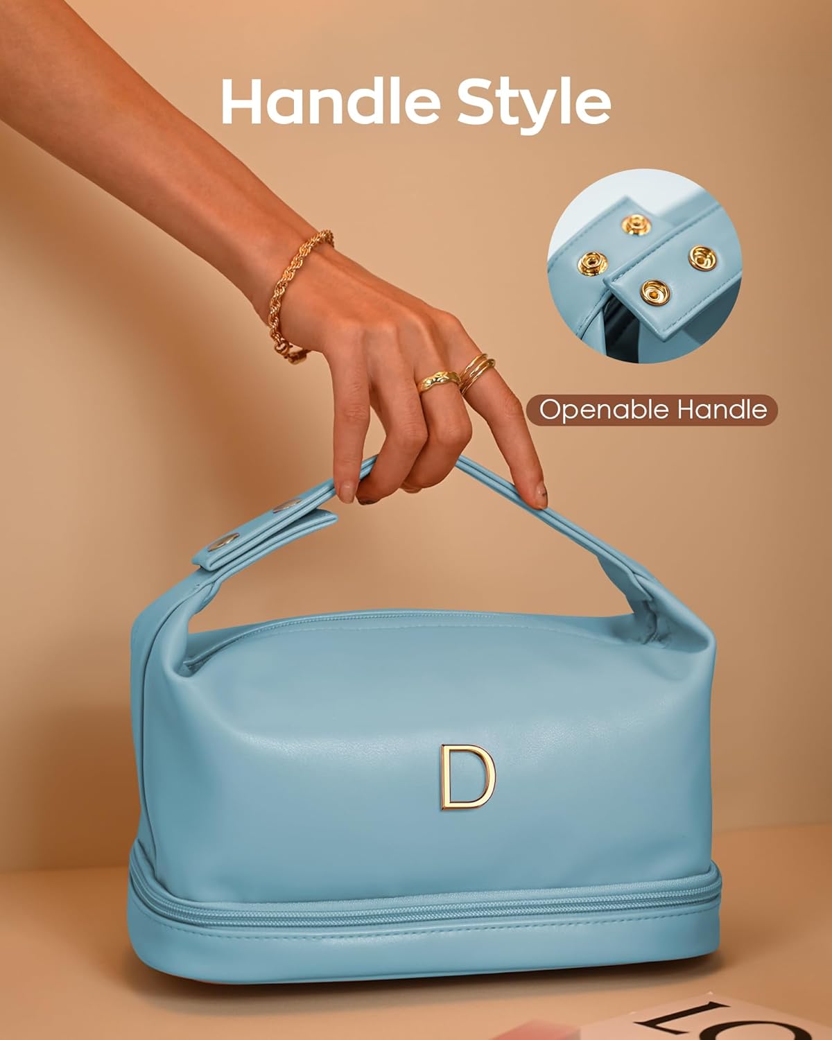 Easter Gifts for Girl, Makeup Bag for Teens 16-18, Personalized Makeup Bag with Handle, Initial Double Layer Cosmetic Bag with Makeup Brush Organizer, Teacher Gifts, Gifts for Friends Mom