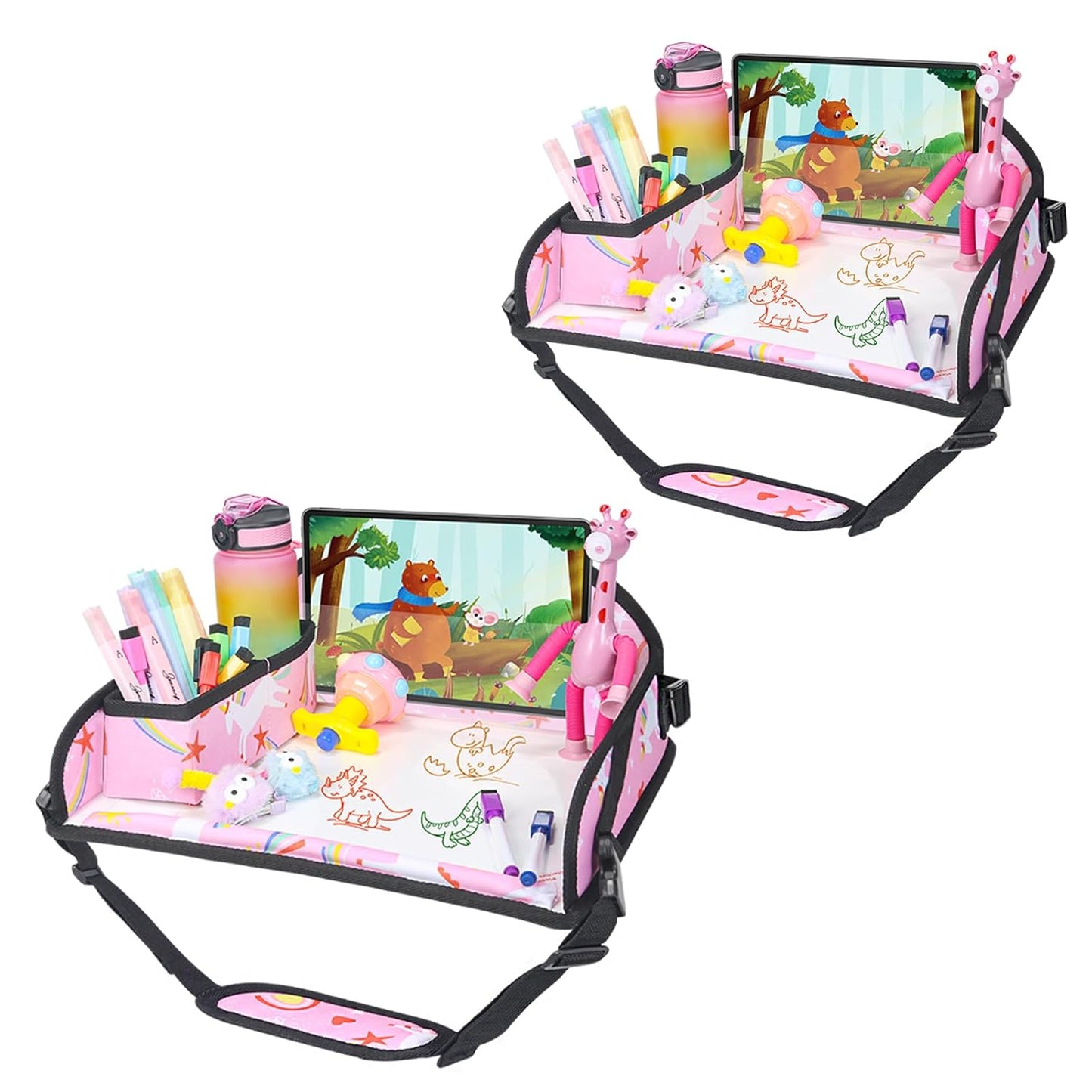 Upgraded Kids Travel Tray for Car Seat - Travel Tray for Airplane, Toddler Lap Tray, Carseat Lap Desk for Kids Road Trip Activities, Pink Unicorn - 2 PCS