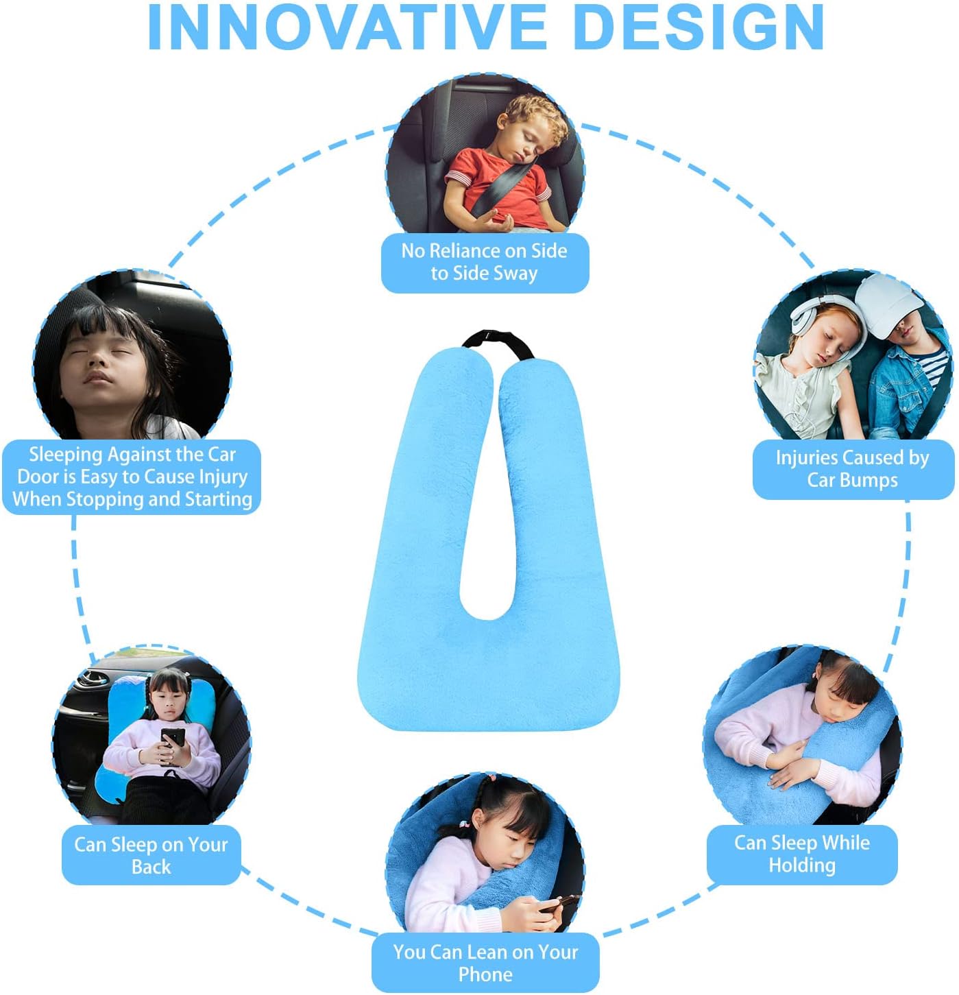 Travel Pillow, Travel Pillow for Kids, Sleeper Hold Pillow Travel, Removable U-Shaped Pillow for Adults and Children to Support Head and Body in The Back Seat of Long Car Trips (Blue)