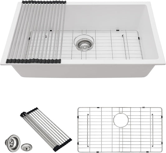 33 Granite Composite Kitchen Sink - Donsdey 33×19 Inch Undermount Kitchen Sink White Granite Quartz Composite Under Counter Single Bowl Sink Basin