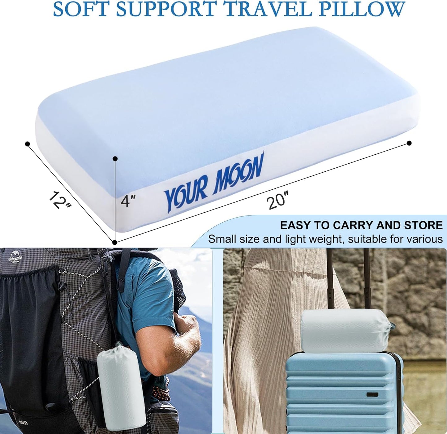 YOUR MOON Memory Foam Travel Pillow, Pure Cotton Cover, Compressible Camping Pillow for Sleeping, Portable Backpacking Support Pillows for Hiking, Car & Airplane (Blue White)