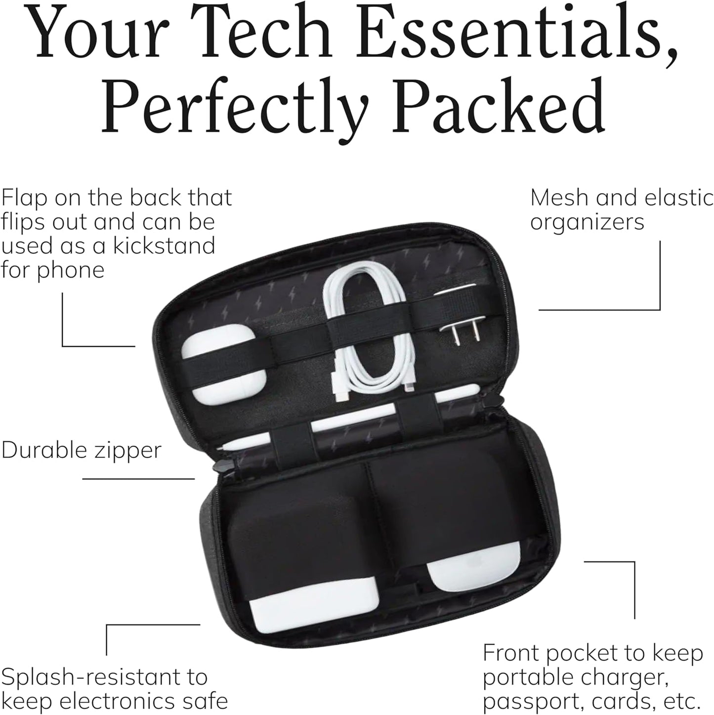 Halfday Sidekick Tech Organizer Kit | Flip-Out Kickstand for Phone/Tablet, Zip-Flat Pouch with Power Mesh & Elastic for Cable & Charger (Splash-Resistant Travel Electronics Accessories Case), Shadow
