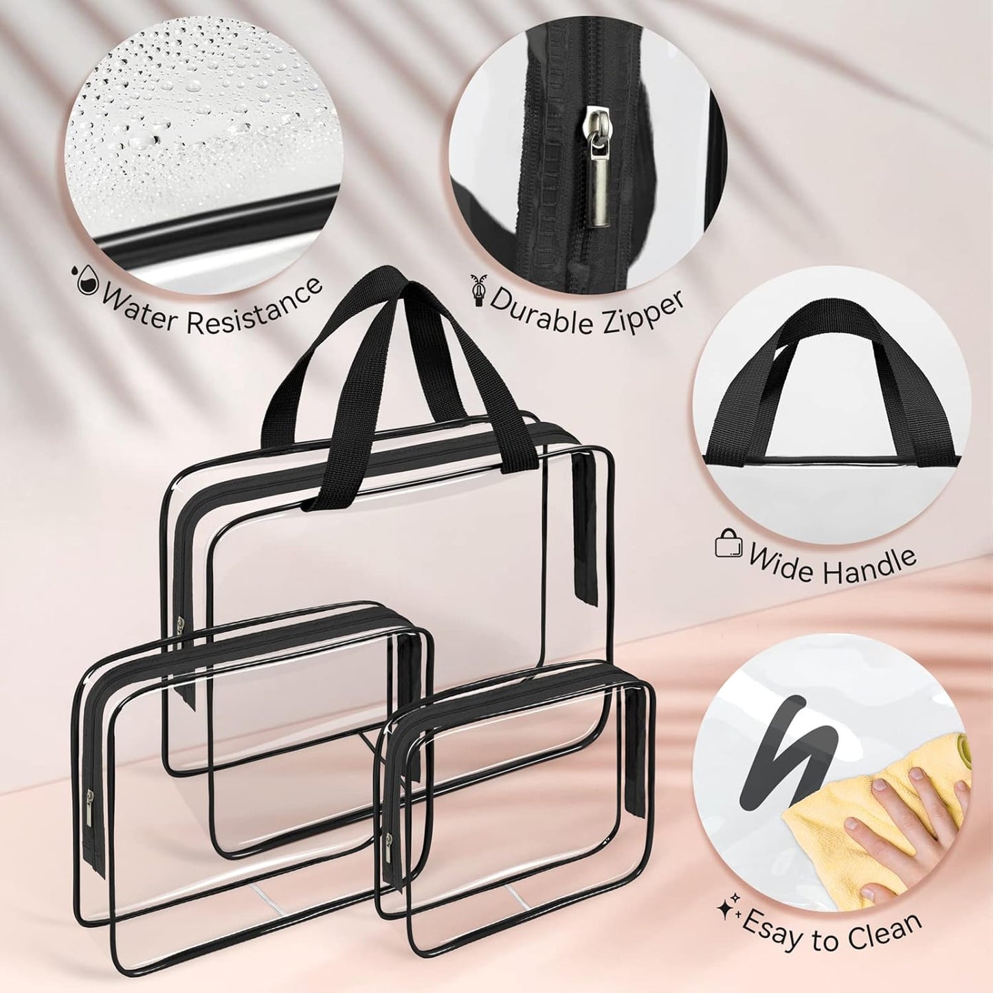 TISRATOK 10 PCS Clear Travel Makeup Toiletry Bag, Plastic PVC Cosmetic TSA Approved Organizer Kit with Zipper Handbag（Black）