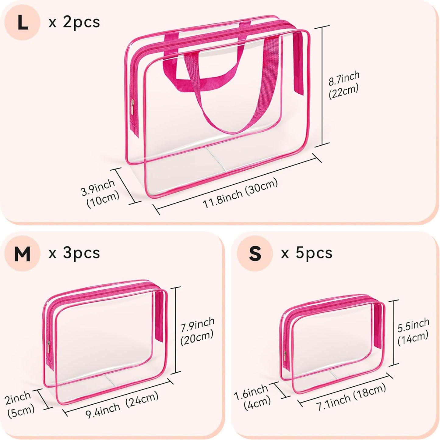 TISRATOK 10 PCS Clear Travel Makeup Toiletry Bag, Plastic PVC Cosmetic TSA Approved Organizer Kit with Zipper Handbag（Rose Red）