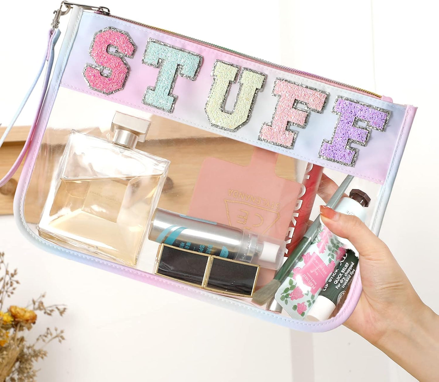 DYSHAYEN Chenille Letter Clear Zipper Pouch for Travel,Nylon Clear Cosmetic Bag,Makeup Travel Bag for Women Girls 11.8 Inches x 8.2 Inches