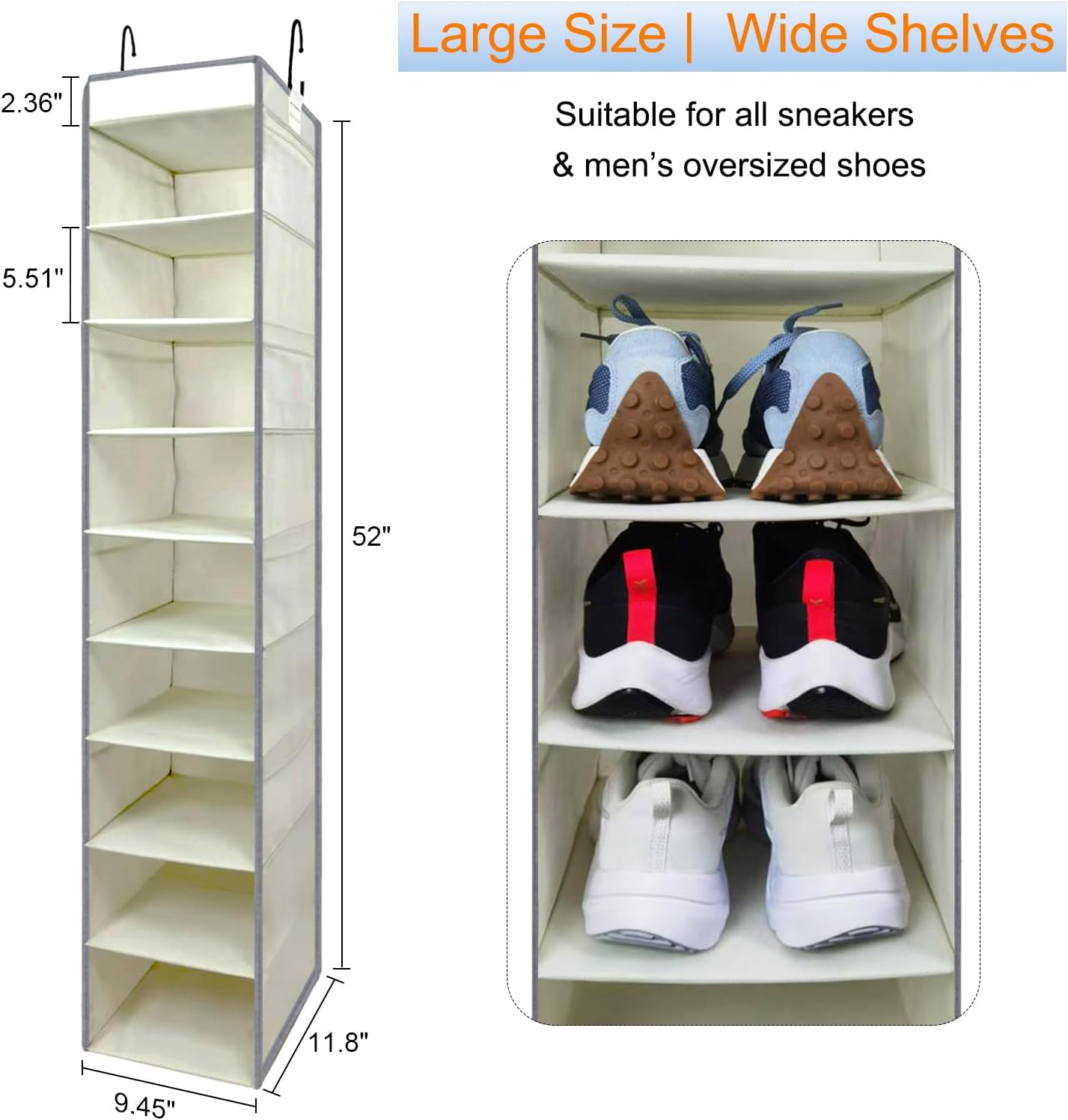Large-Sized Hanging Shoe Organizer 10-Shelf, Sturdy Hanging Closet Organizer with 8 Side Pockets, Wider Hanging Shelves for Storage Shoes Clothes Jeans Shirts Toys, Beige