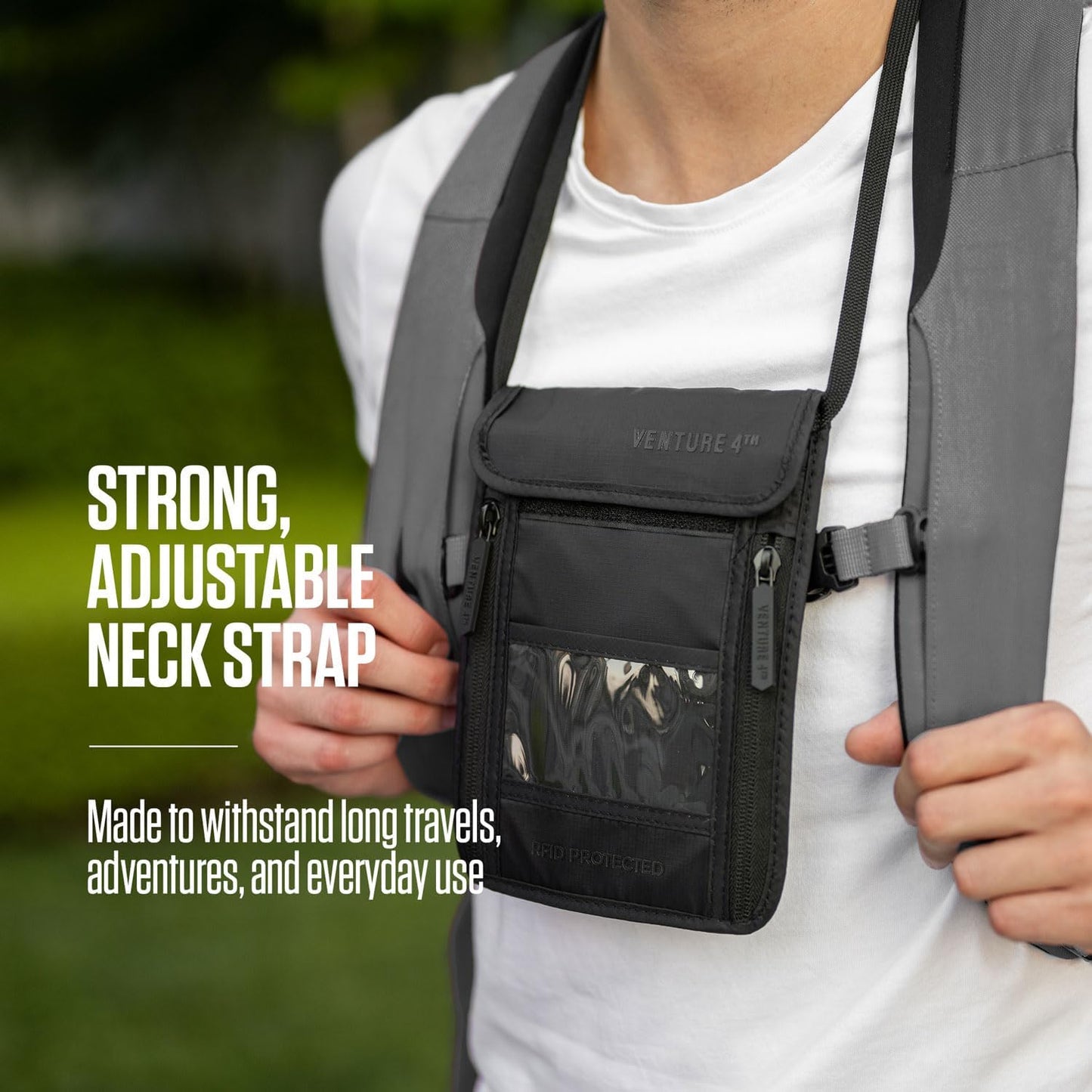 VENTURE 4TH Passport Holder Neck Wallet with RFID Blocking Nylon Lining - Hidden Neck Pouch for Travel (Sleek Navy Blue)