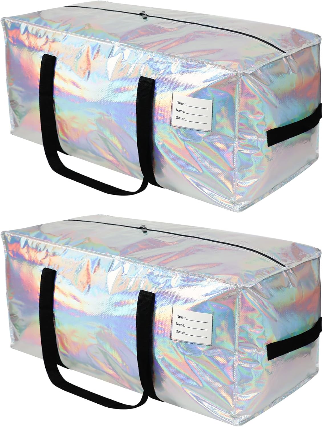 2 Pack Heavy Duty Moving Bags Extra Large Waterproof Foldable Clothing Storage Totes Bags with Zipper, Reinforced Handles, Packing Moving Boxes for Dorm & Seasonal Storage, Iridescent
