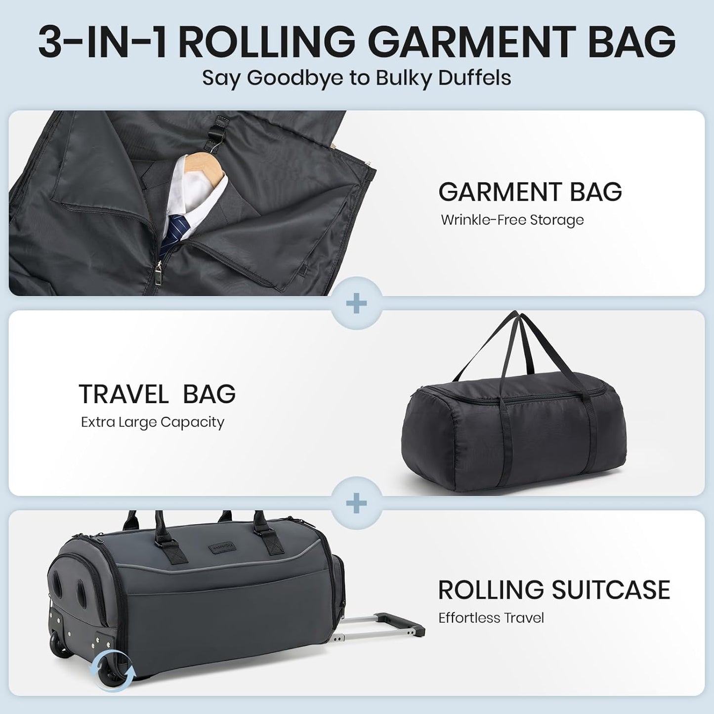 Fanwoli 3-in-1 Rolling Garment Bag for Travel, Wheeled Carry-On Luggage with Shoe Storage & Detachable Organizer, Wrinkle-Free Compartment for Suits/Dresses/Wedding Gowns, Fits Most Airline Size