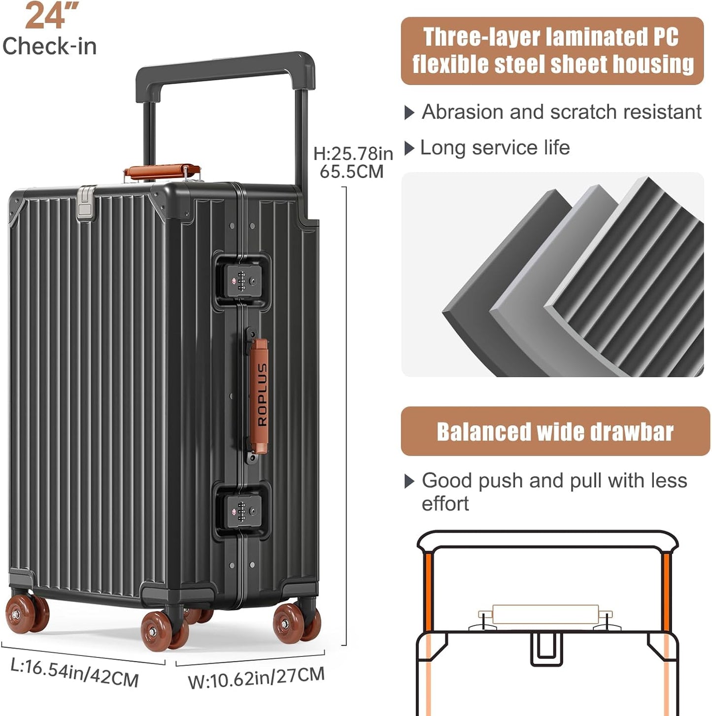 Aluminium Frame Checked-Luggage with Smooth Jelly Wheels, Hardside Zipperless Rolling Suitcase with TSA Lock (Grey, 24-Inch)