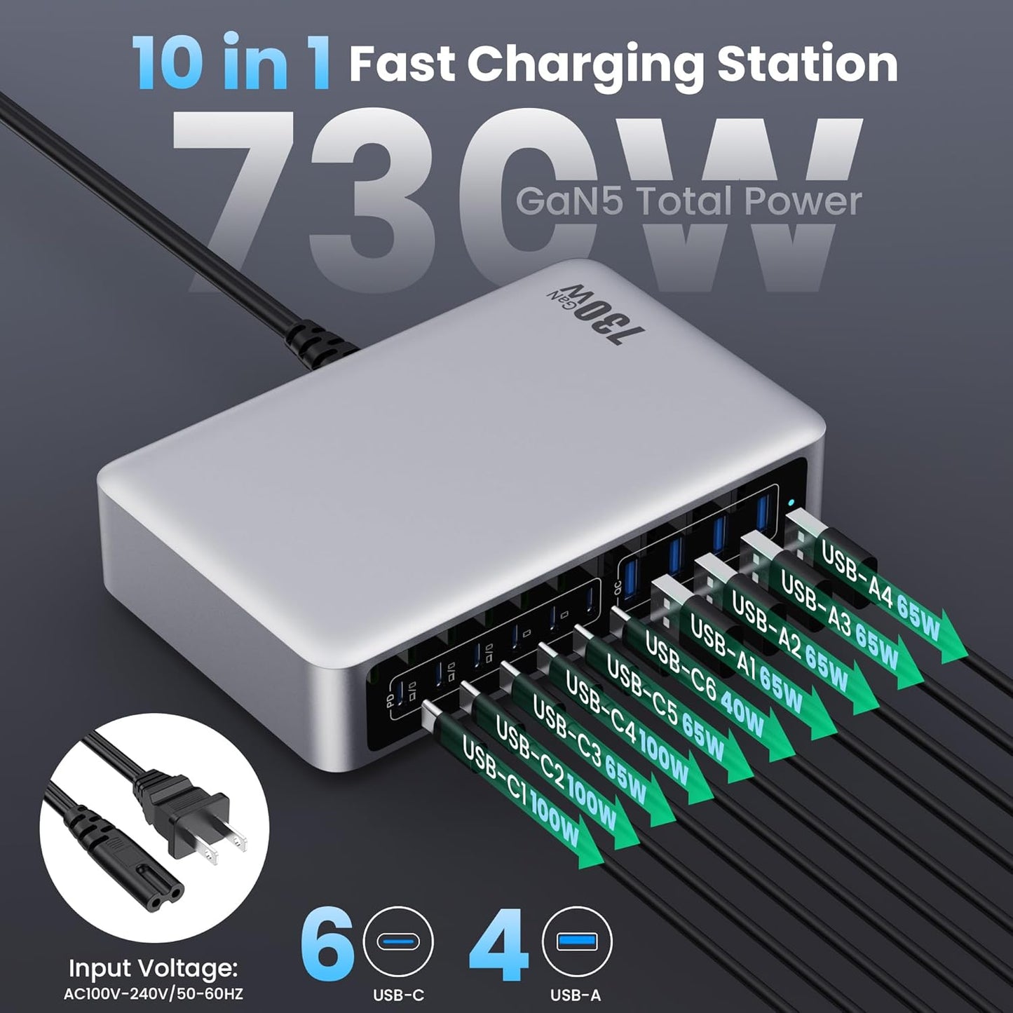 730W USB C Charger Block,GaN IV Fast Charging Station Hub 10 Ports,QC4.0+3 PD 100W USB C Laptop Charger Ports Power Adapter Compatible with MacBook Air/Pro,DELL,iPhone 16/15/14/13,iPad,Steam Deck