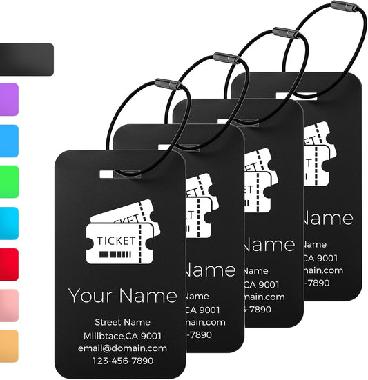 Personalized Luggage Tags, Custom Luggage Tags 4 Pack TSA Approved Double Sided Laser Engraving, Metal Luggage Tag for Suitcases with Stainless Loops, Name Tag for Bags, Backpacks (Black)