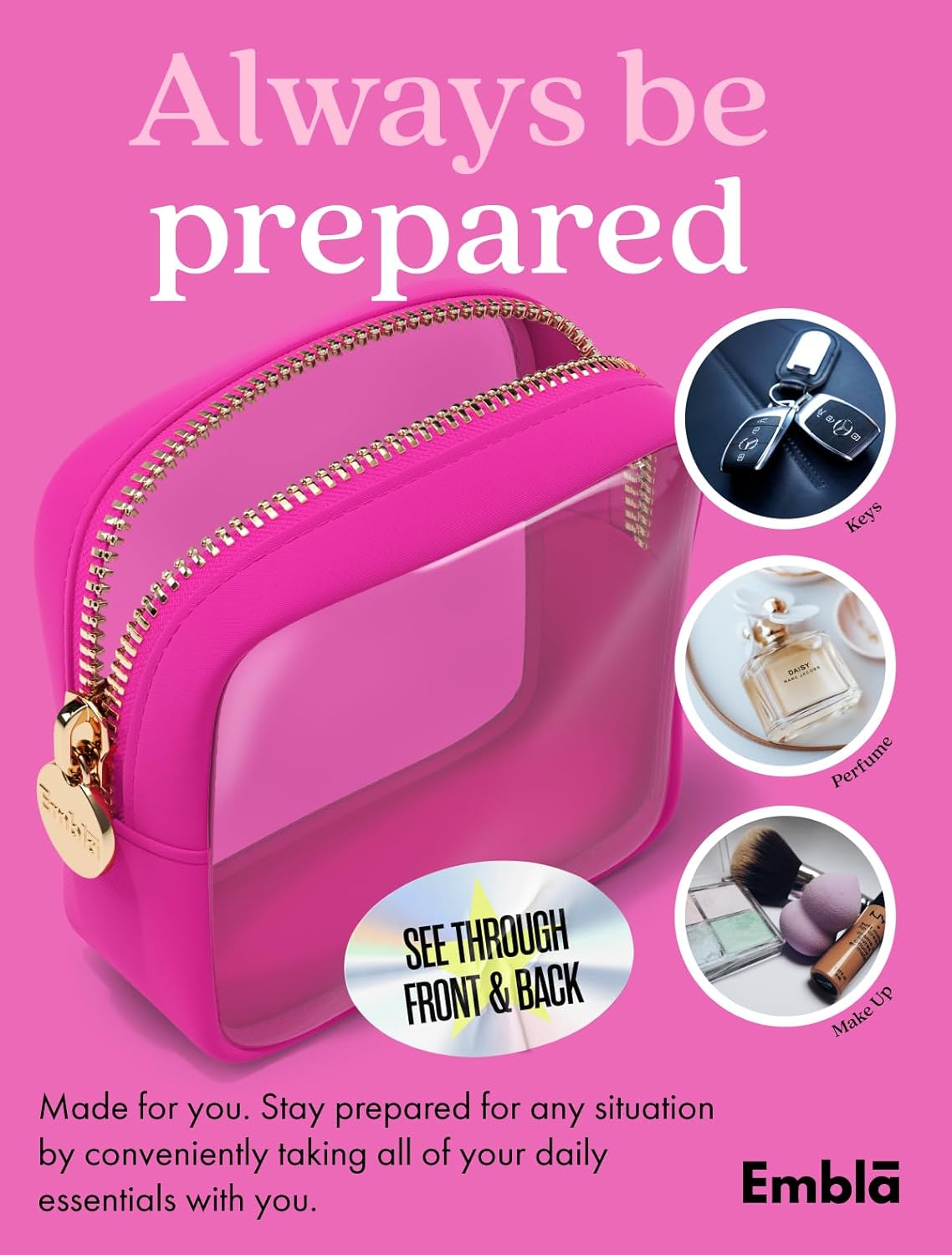 Clear Makeup Bag Zipper Pouch, Transparent Cosmetic Case Organizer, TSA Approved Travel Toiletry Case, Travel Accessories Essentials Makeup Tote for Women, Mini Cute Make up Bag for Purse - Fuchsia