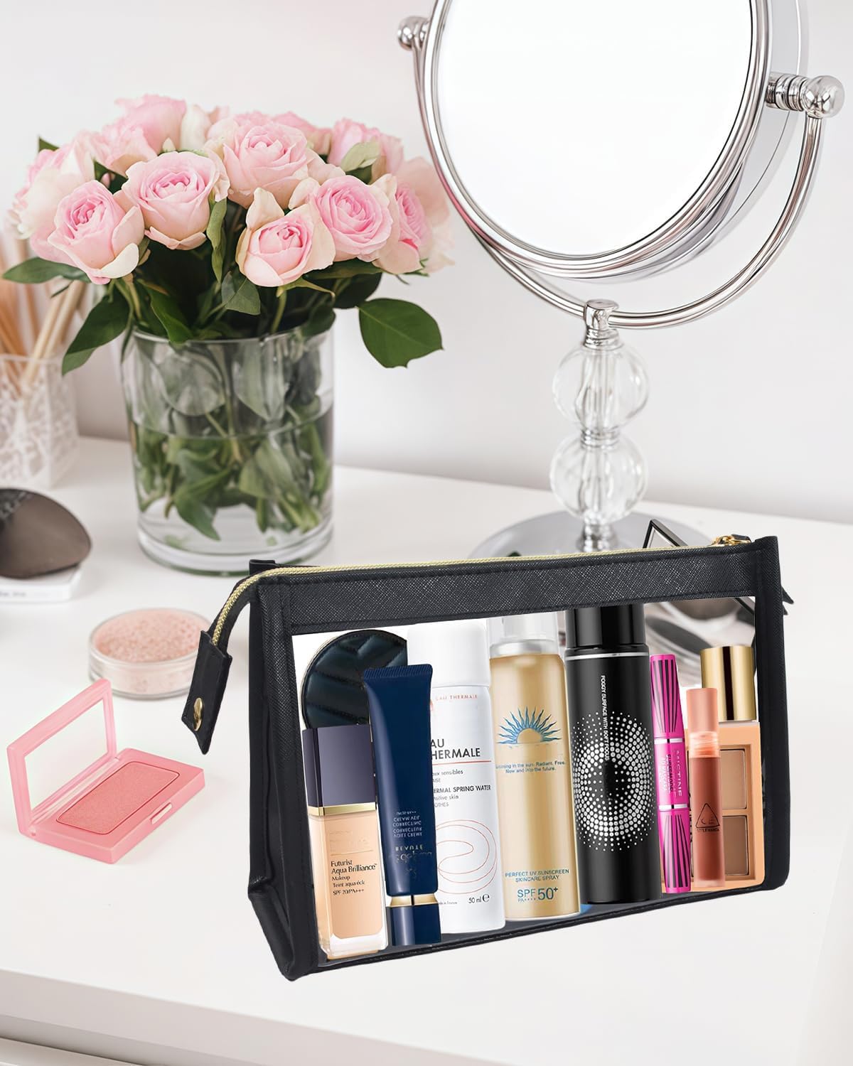 Clear Makup Bag, Clear Cosmetic Bags with Zipper Waterproof Small Travel Cosmetic Case Cute Make Up Pouch Mini Car Essentials for Women Travel Car Organizer