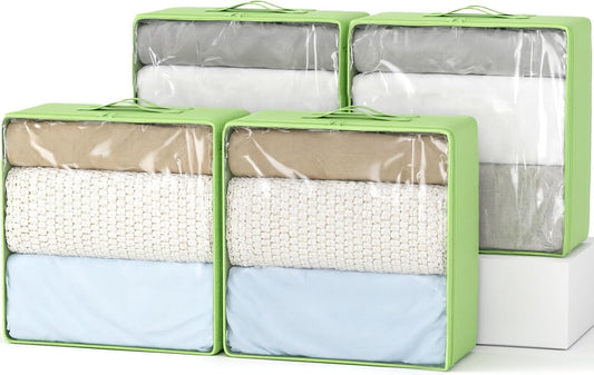Clothes Storage Bags, Foldable Thick Fabric Blanket Storage Bags, Large Clear Window & Carry Handles, Great for Clothes, Blankets, Closets, Pillows, Toys (Green, Extra-4Pack)