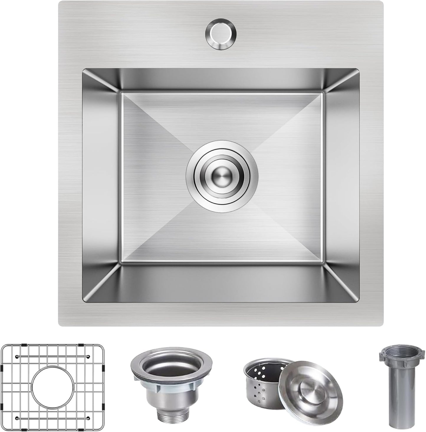 15 x 15 Inch Drop In Bar Sink, Small Kitchen Sink Single Bowl Topmount Bar Prep Sink 18 Gauge Stainless Steel Bar Sink with Grid and Basket Strainer