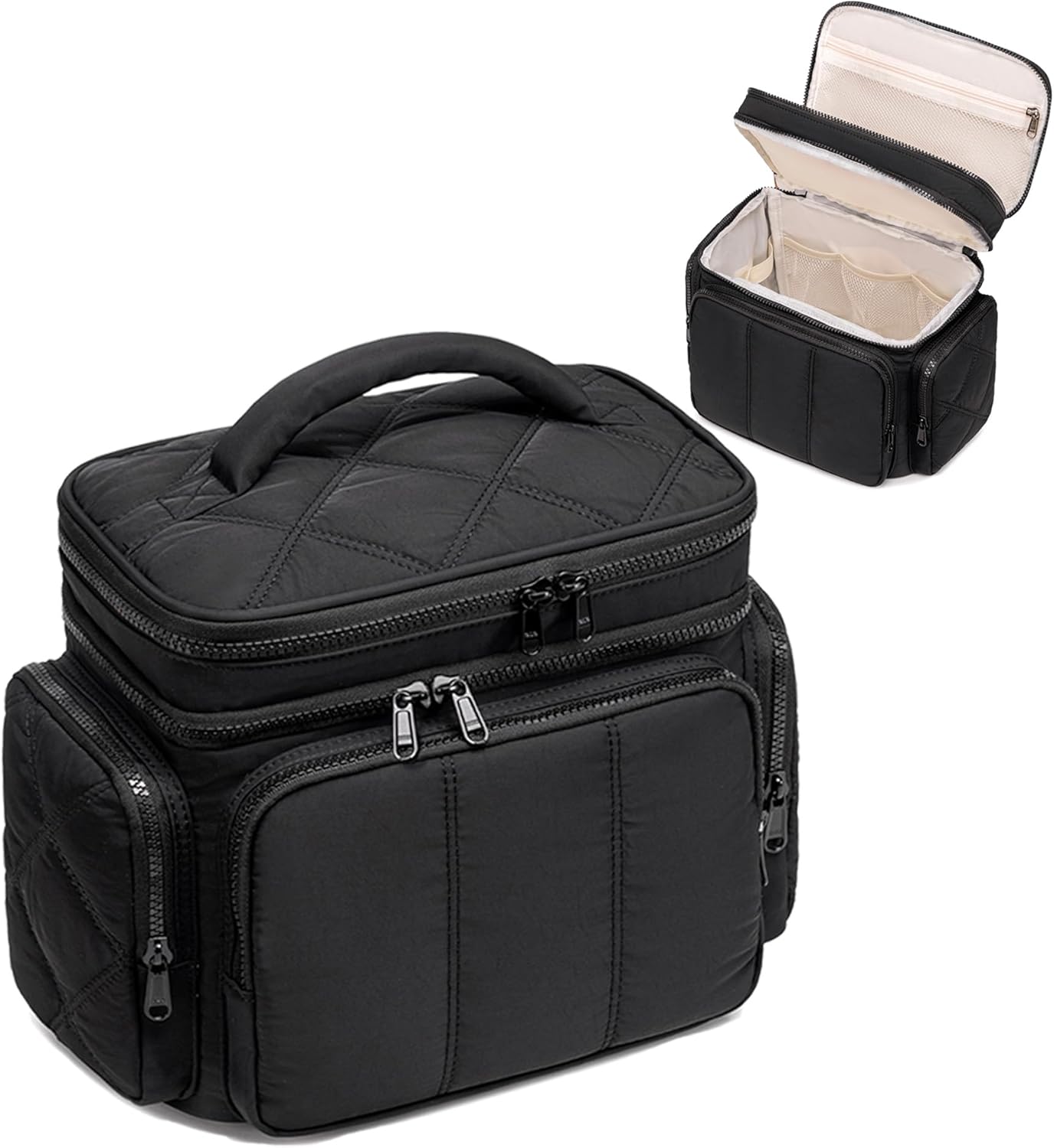 LEDAOU Toiletry Bag for Women,Quilted Travel Makeup Bag Organizer with Double Deck, Large Wide-open Cosmetic Make up Bag for Travel Essentials (Black Puffy)