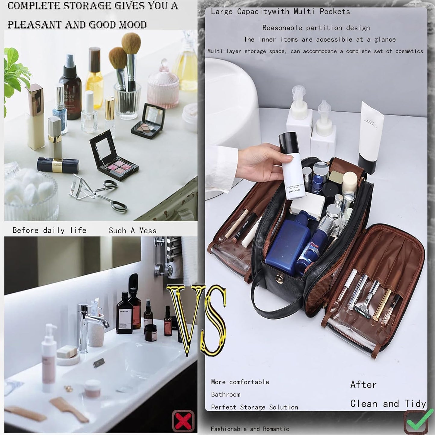 Travel Toiletry bag for men PU Triple-layer Double Zipper Toiletry Bags,Waterproof with Handle Mens Toiletry Bag Stowable Brushes, Toiletries Makeup for Business Trips Camping Bathroom Black