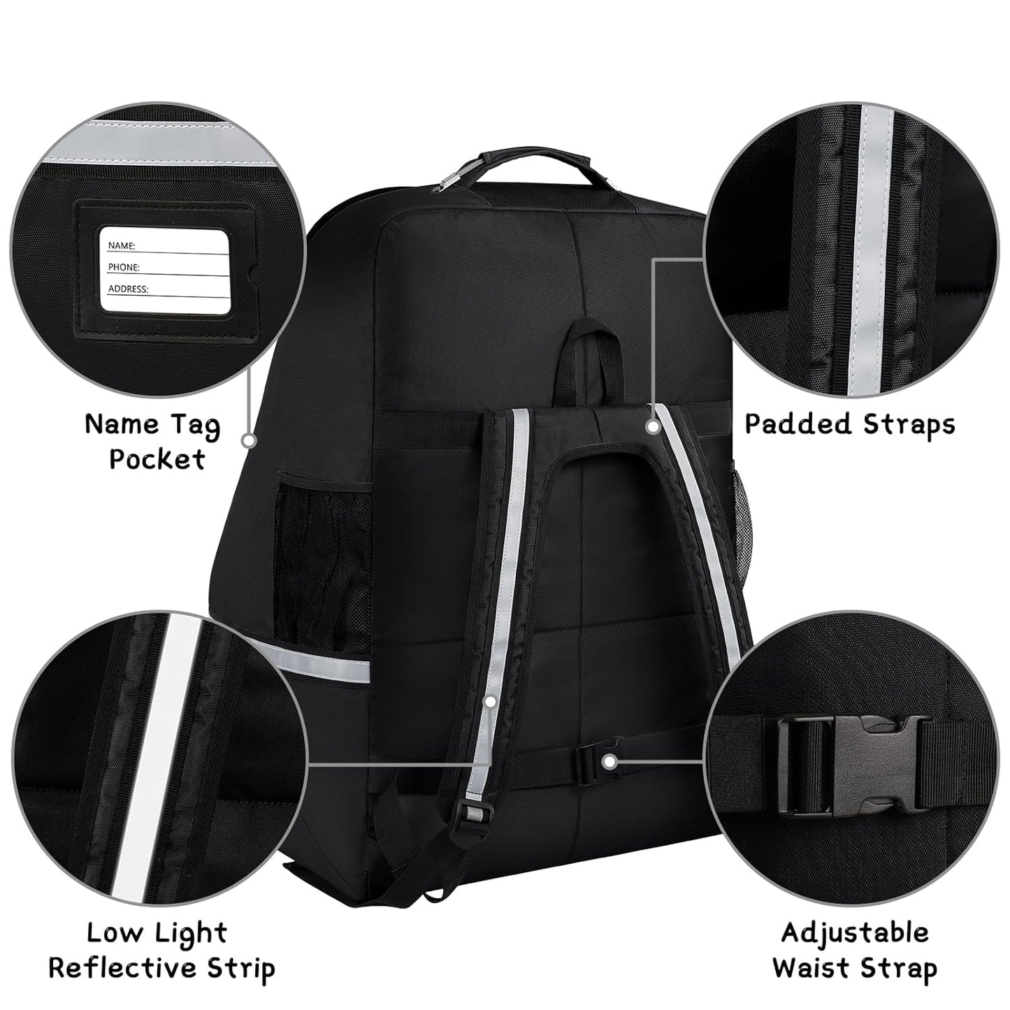 Car Seat Travel Bag,Padded Car Seats Backpack with Steel Cable Handle and Reflective Stripes, Large Durable Carseat Carrier Bag,Airport Gate Check Bag,Infant Seat Travel Bag with Shoulder Strap,Black