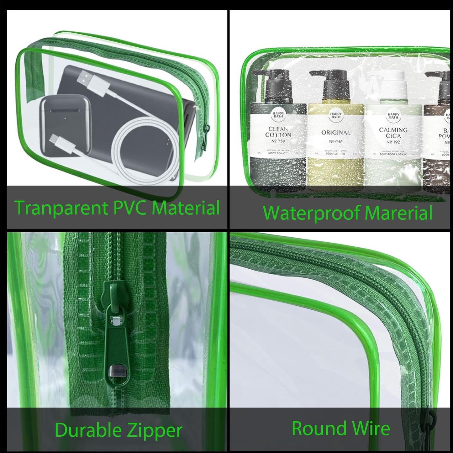 16 Pieces Clear Makeup Bag PVC Zippered Clear Toiletry Carry Pouch Portable Cosmetics Bag Waterproof Makeup Bag Vinyl Plastic Organizer Case for Travel Vacation Bathroom (Green-M)