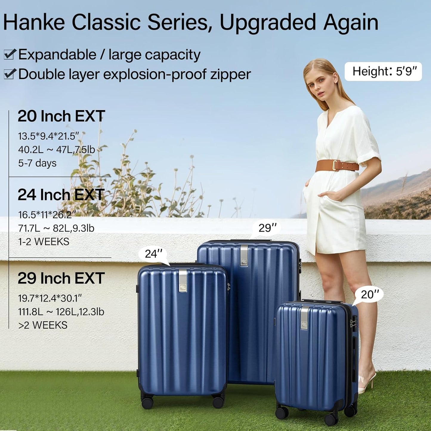 Hanke Expandable Hardshell Luggage Sets 3 piece Carry On Luggage with Wheels Suitcases Lightweight Checked Travel Luggage Rolling Large Suitcase Travel Luggage Bag Woman Men 20/24/29 Inch(Dark Blue)