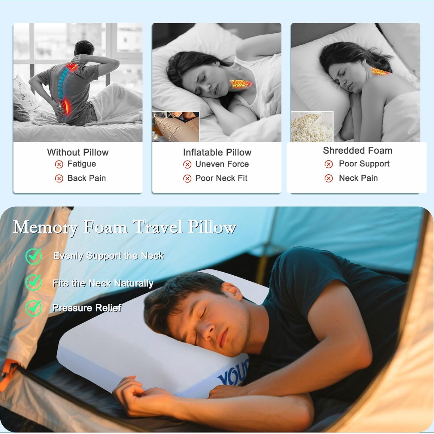 YOUR MOON Memory Foam Travel Pillow, Pure Cotton Cover, Compressible Camping Pillow for Sleeping, Portable Backpacking Support Pillows for Hiking, Car & Airplane (White)
