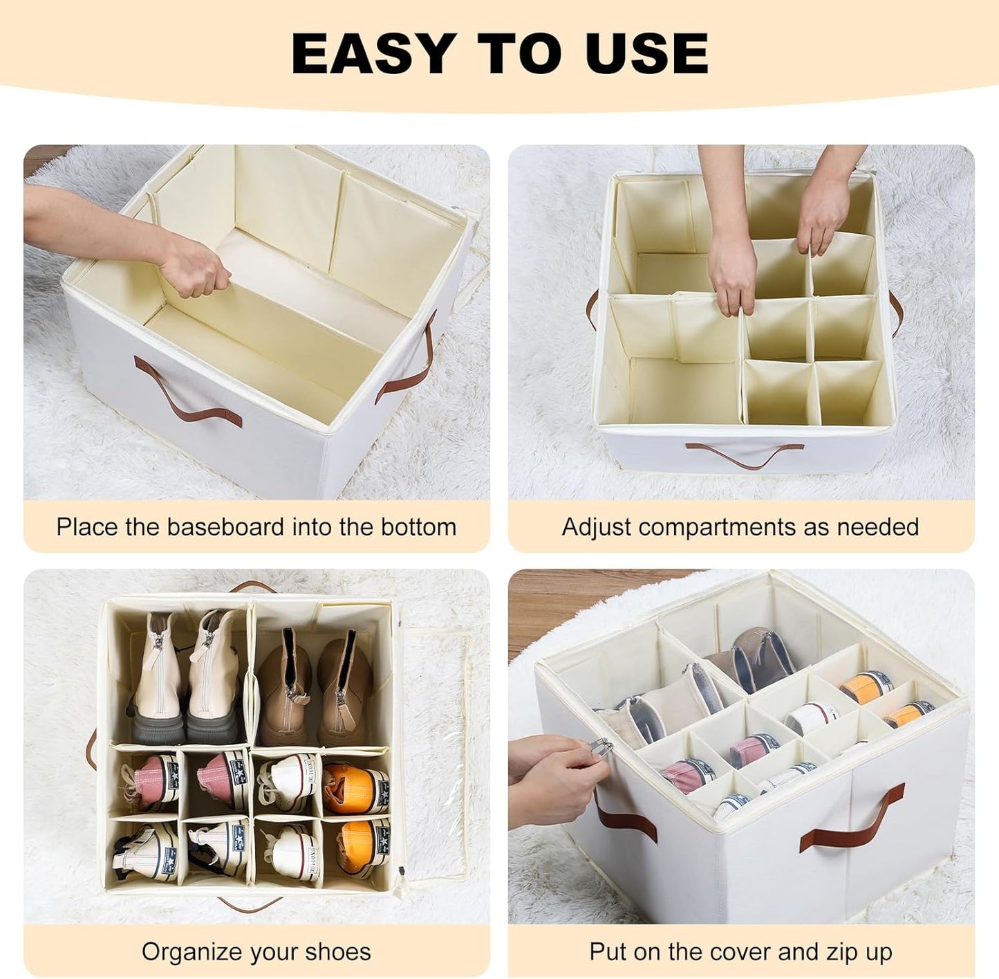 Shoe Organizer for Closet, Foldable Shoe Storage Bins with Clear Cover, Large Shoe Box Storage Container with Adjustabele Dividers, Fits up to 16 Pairs, White