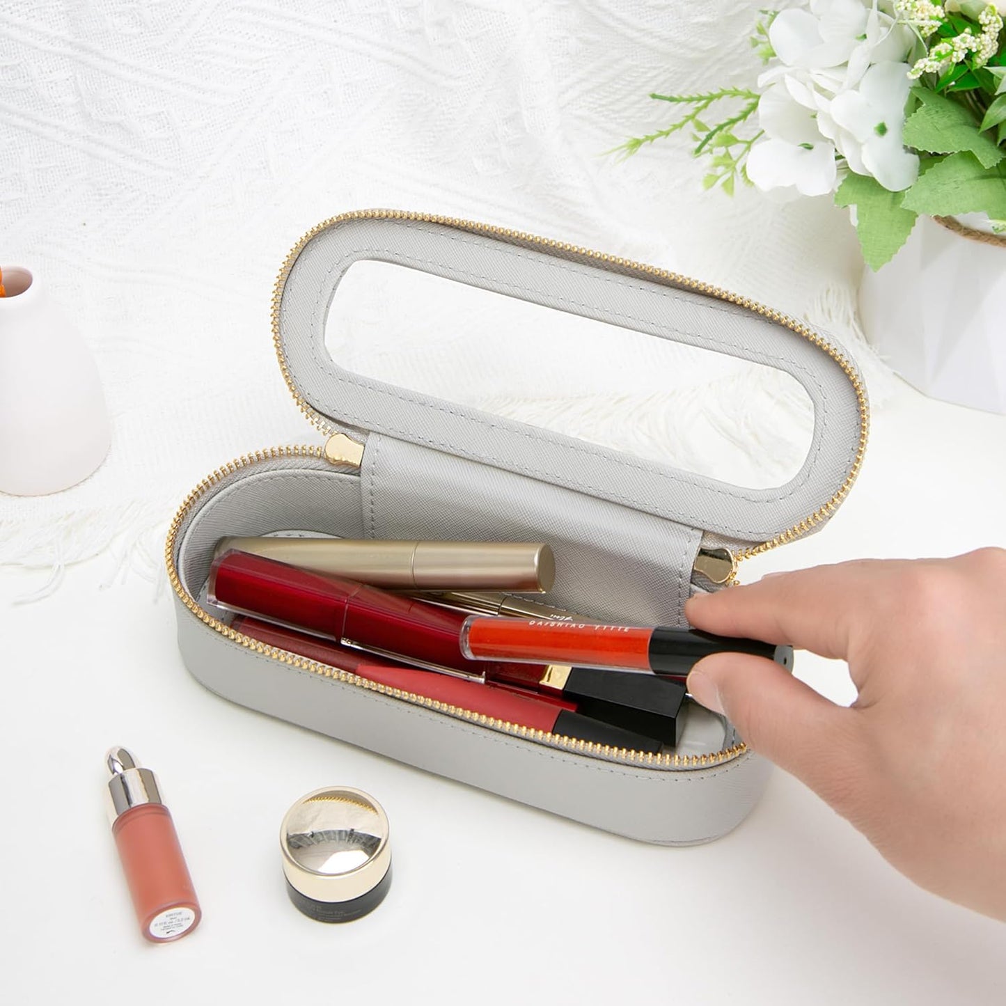 Aveniee Slim Clear Makeup Brush Bag, Small Cosmetic Brush Holder, Mini Toiletry Bag Travel Case for Women, Thin Make up Bags with Dual Zipper, Cute Travel Essentials Bag Organize - Grey