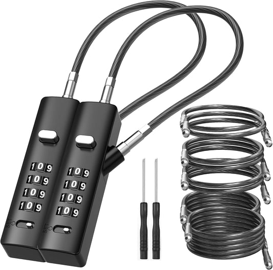 4-Digit Combination Cable Luggage Lock with 3 Interchangeable Steel Cables (9"/24"/47") – for Bike, Backpack, Gym, Cabinet, Gate (Black, 2 Pack)