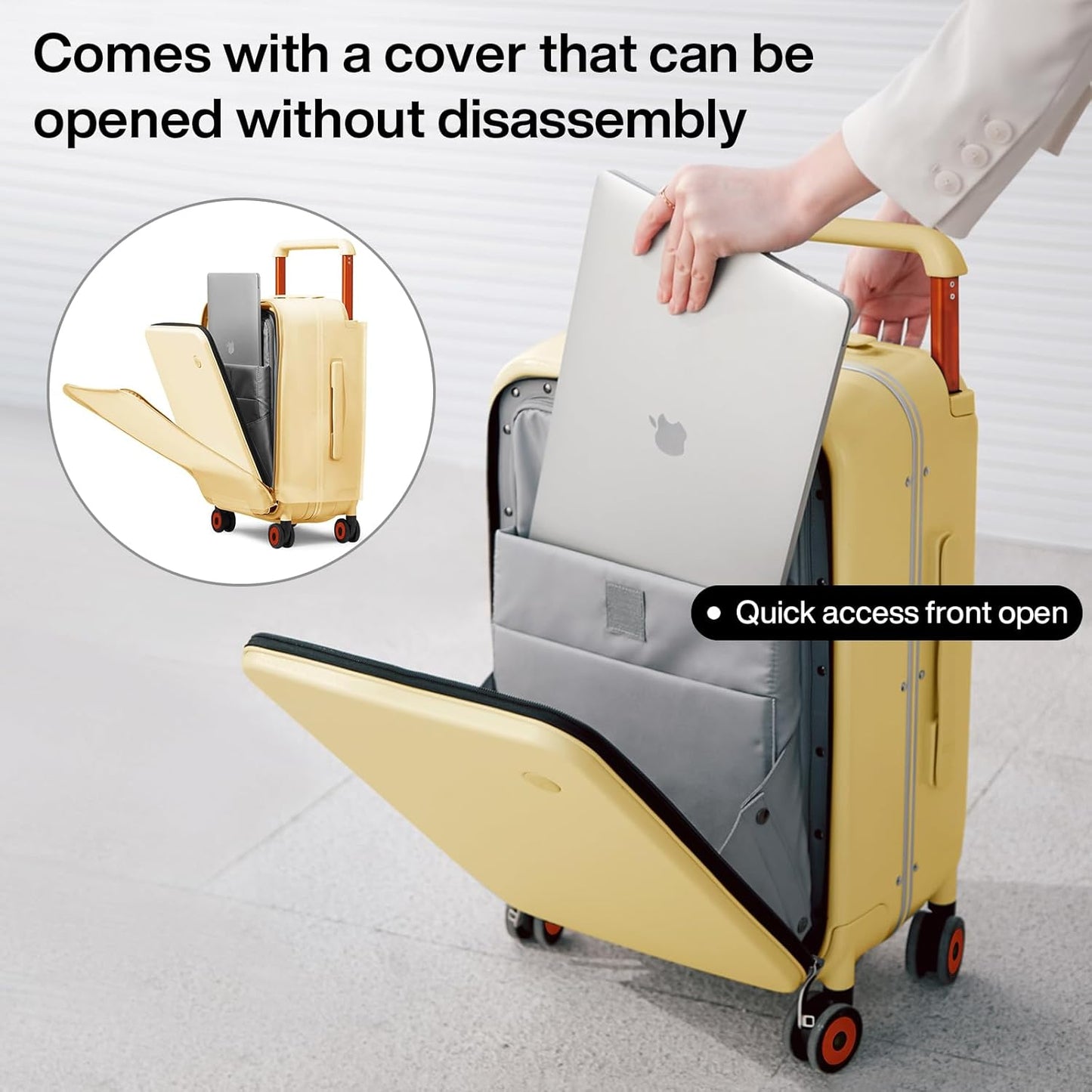 mixi Carry On Luggage Wide Handle Luxury Design Rolling Travel Suitcase PC Hardside with Aluminum Frame Hollow Spinner Wheels, with Cover, 20 inch, Lark Yellow